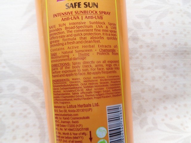 Lotus Herbals Safe Sun Intensive Sunblock Spray SPF 50 directions