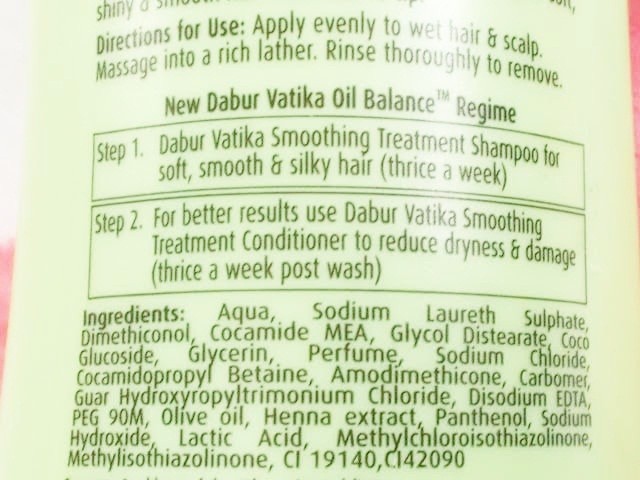Dabur Vatika Oil Balance Smoothing Treatment Shampoo direction for use and ingredients