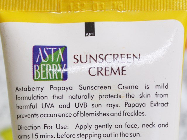 Astaberry Papaya Sunscreen Crème SPF 18 claims