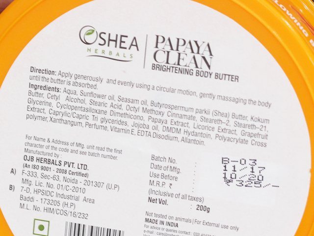 Oshea Papaya Clean Body Butter ingredients, Oshea Body Butter, Herbal Body Butter, Body Butter with SPF