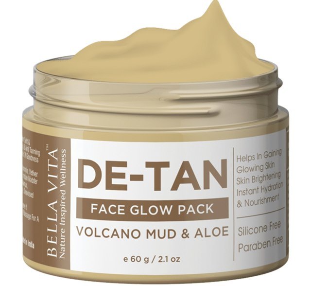 Bella Vita Organic De-Tan Face Glow Pack Volcano Mud & Aloe, De tan face mask, anti tan face pack, Skin lightening face mask, Face pack to lighten tan